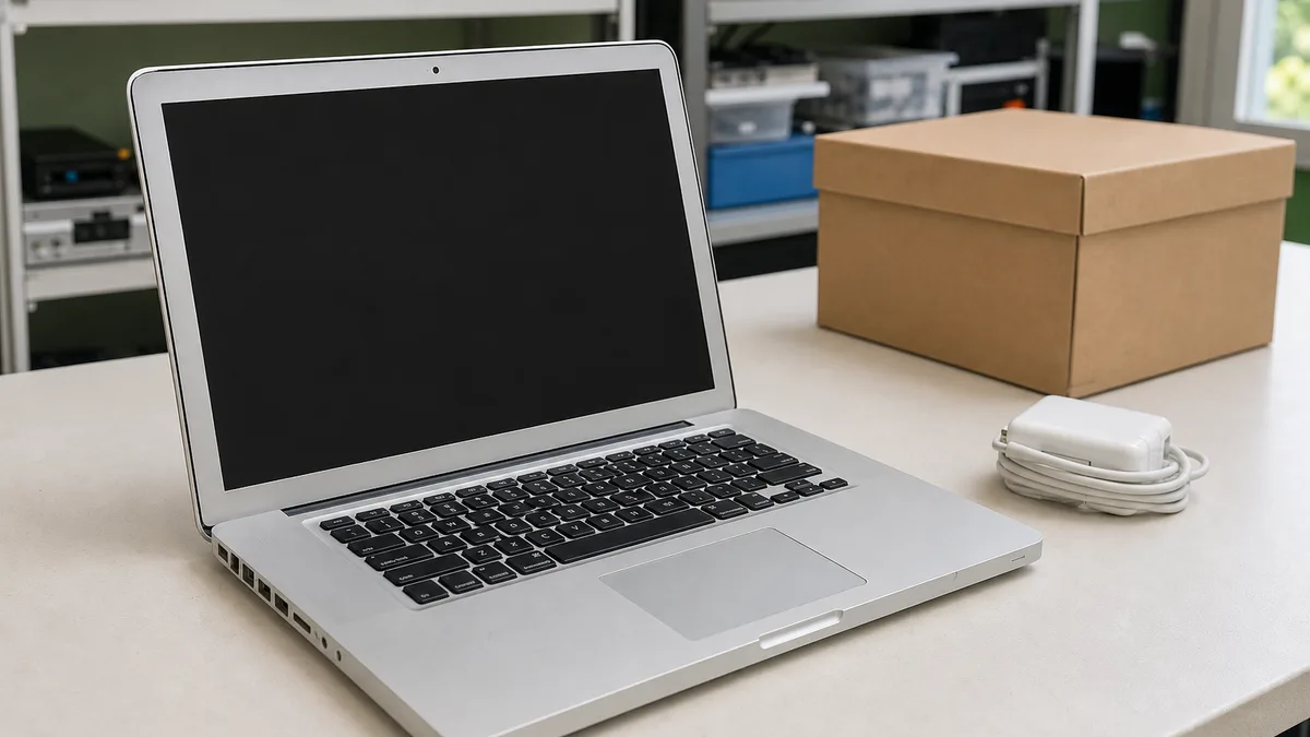 Laptop plateada usada de principios de la década de 2010 con pantalla apagada, cargador y caja de donación.