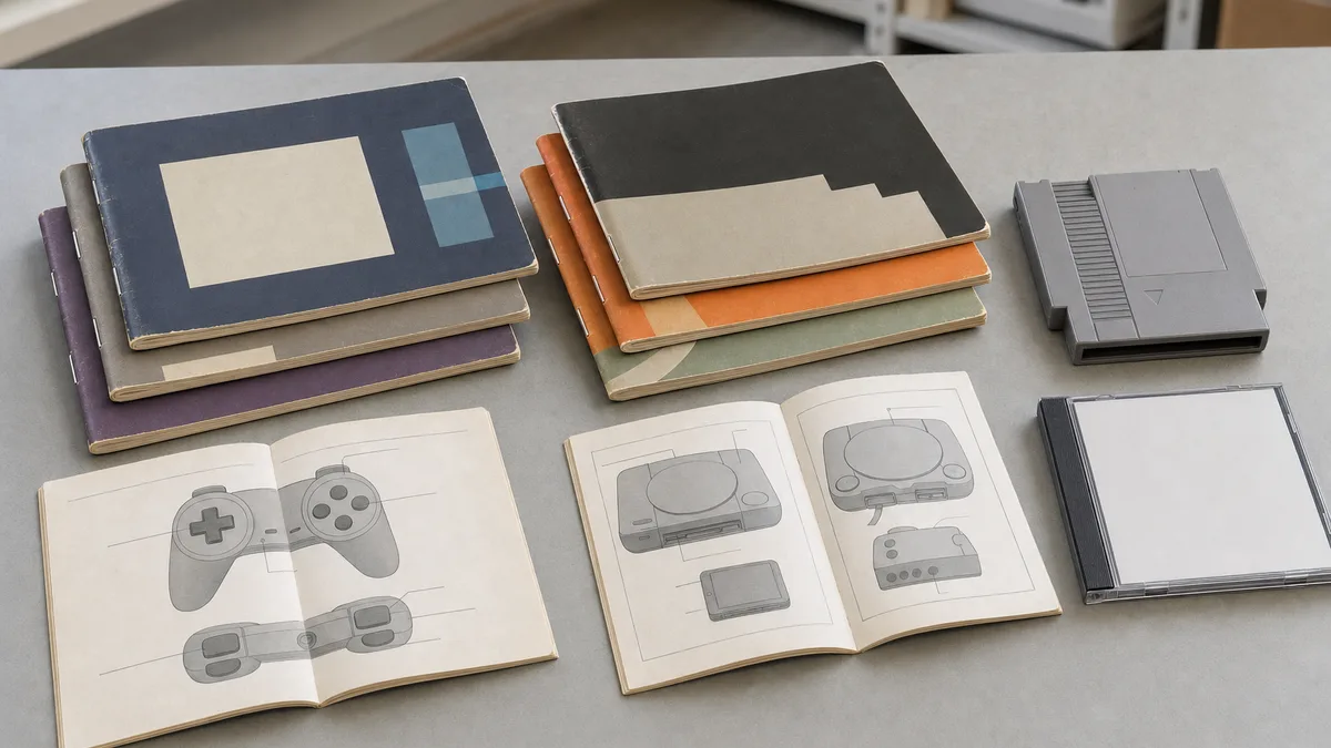 Manuales físicos de videojuegos retro con diagramas, un cartucho y un estuche de disco.
