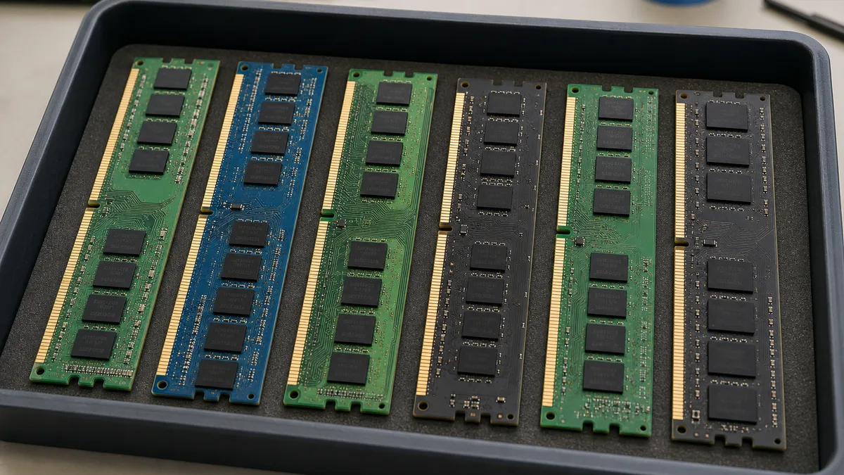 Seis módulos de memoria RAM DIMM usados organizados en una bandeja antiestática.
