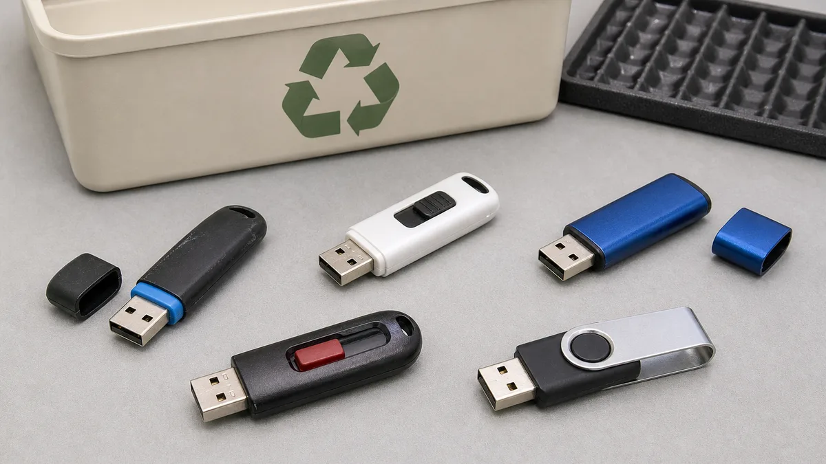 Cinco memorias USB-A usadas, con tapas y mecanismos retráctiles, organizadas para donación.