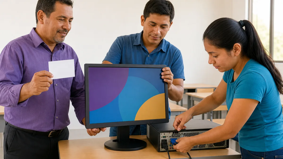 Donante, técnico y estudiante prueban un monitor LCD usado conectándolo por VGA a una computadora.