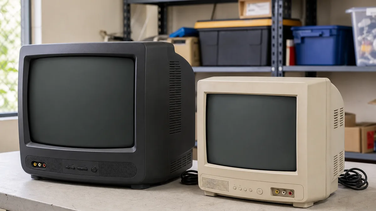 Dos monitores CRT de consumo apagados y completos sobre una mesa de inspección.