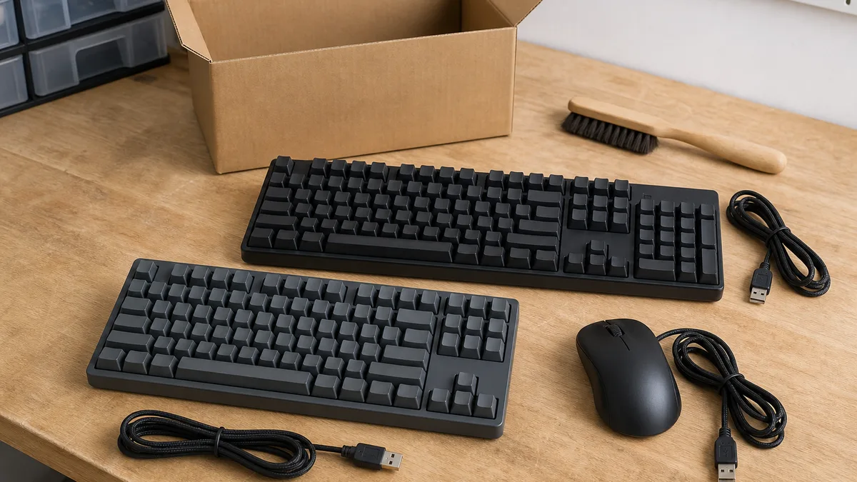 Dos teclados mecánicos de teclas lisas y un mouse cableado, organizados para donación.