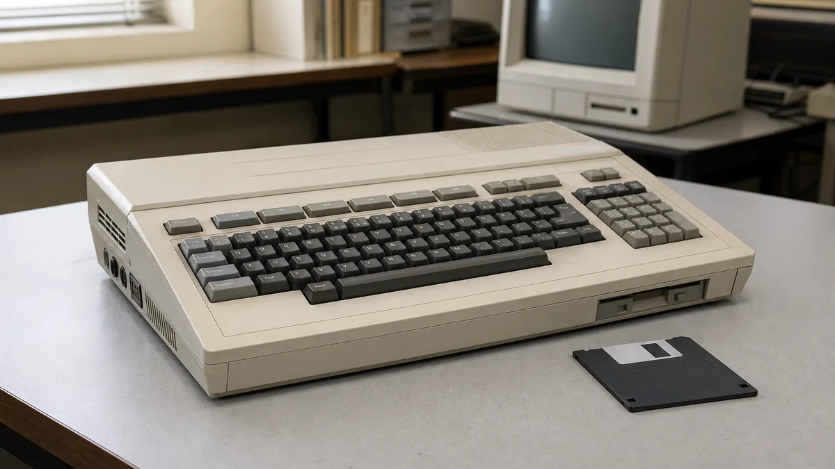 Computadora MSX2 japonesa de los años ochenta con teclado integrado y un disquete de 3.5 pulgadas sobre una mesa de archivo tecnológico.