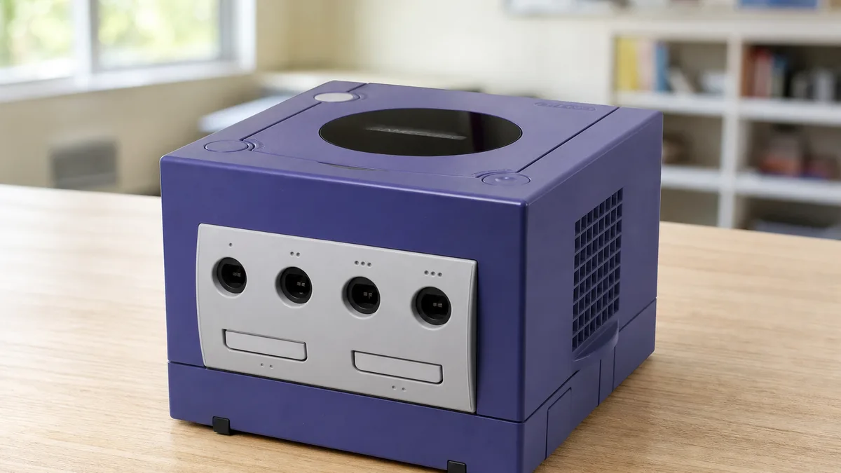 Consola Nintendo GameCube morada usada sobre una mesa de recepción de donaciones.