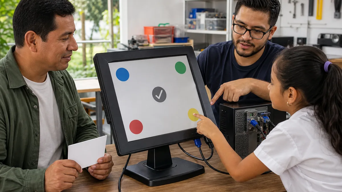 Estudiante calibra una pantalla táctil usada conectada a una computadora mientras técnico y donante verifican su estado.