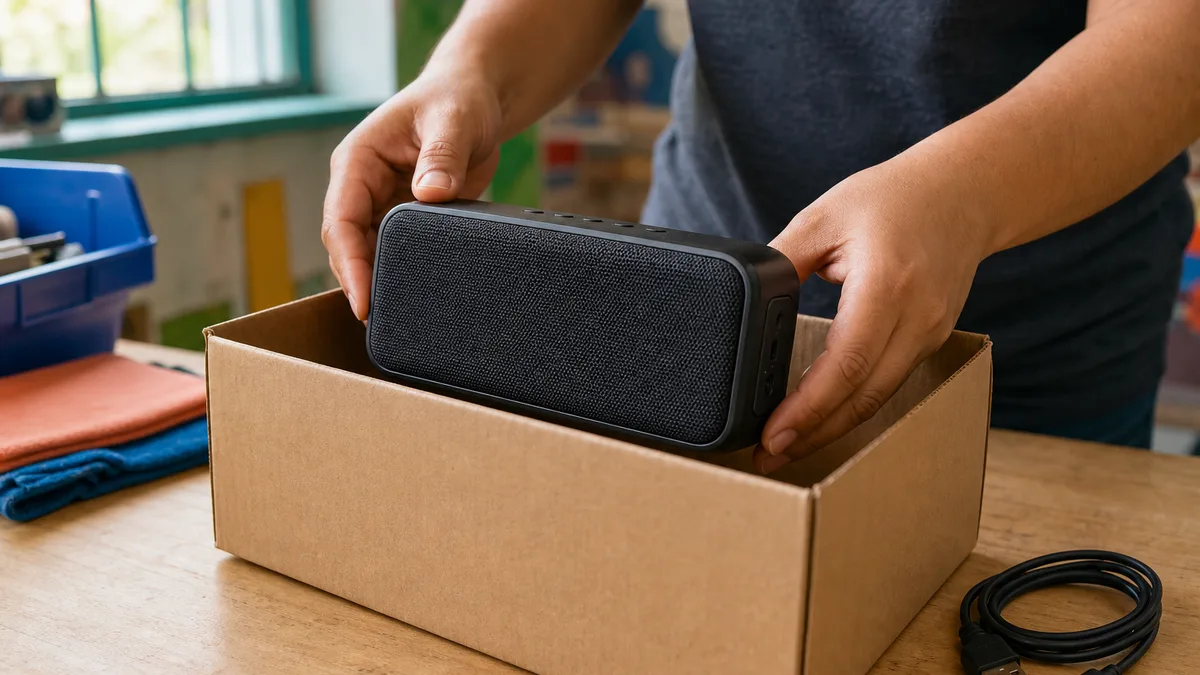 Persona colocando un parlante Bluetooth negro usado en una caja de donación, con su cable al lado.