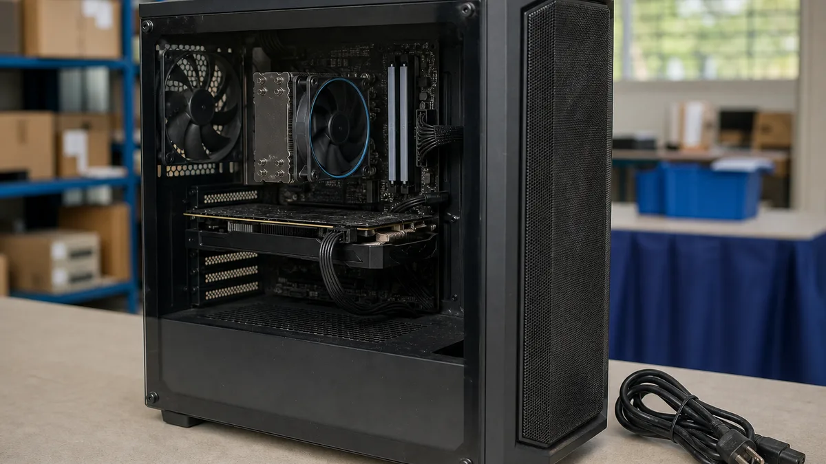 Torre de PC gamer usada con componentes internos visibles y cable de alimentación.