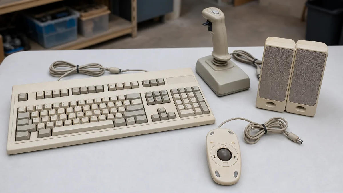 Teclado, ratón de bola, joystick y parlantes de PC de los años noventa.