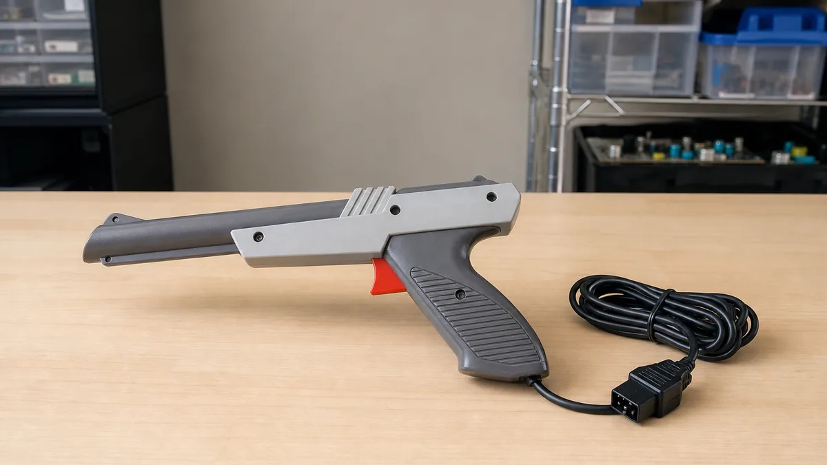 Control de luz NES Zapper gris y rojo con su cable y conector sobre una mesa.