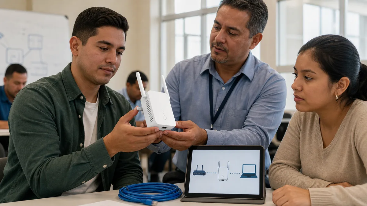 Donante e instructor inspeccionan un repetidor Wi-Fi de enchufe con dos antenas y un puerto Ethernet.