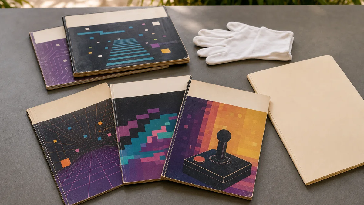 Cinco revistas antiguas de videojuegos con guantes y carpeta para conservación en archivo educativo.