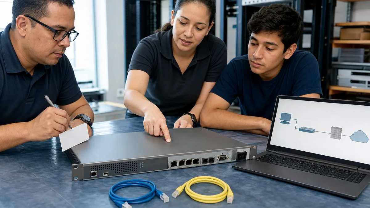 Profesionales y estudiante inspeccionan un router empresarial de rack con puertos WAN, LAN, consola y fibra.