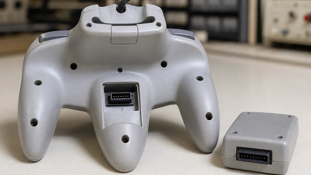Control gris de Nintendo 64 visto por detrás junto a un módulo Rumble Pak rectangular separado, con la ranura de expansión visible.