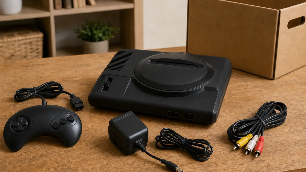 Consola de 16 bits tipo Sega Genesis con mando de tres botones, adaptador y cables RCA.