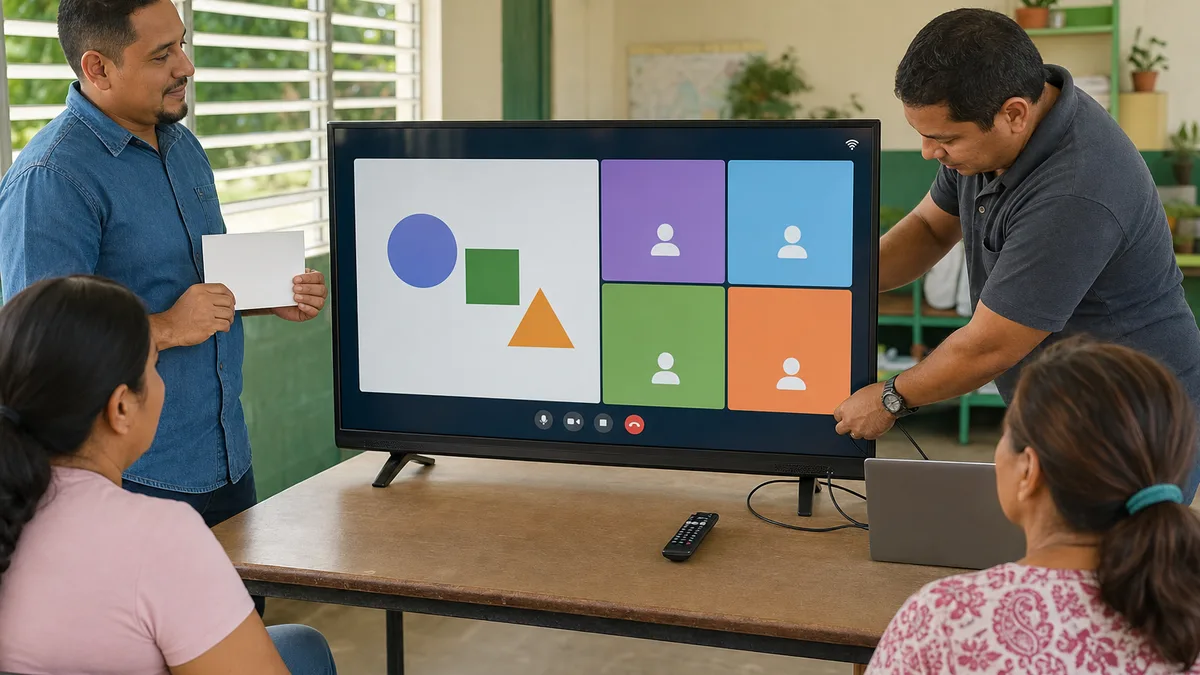 Donante y técnico prueban un Smart TV usado con una videollamada educativa ante dos participantes.