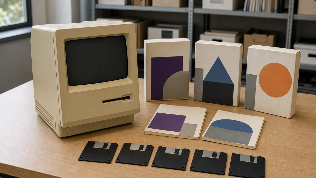 Computadora Macintosh compacta apagada con cajas de software, manuales y cinco disquetes de 3,5 pulgadas.