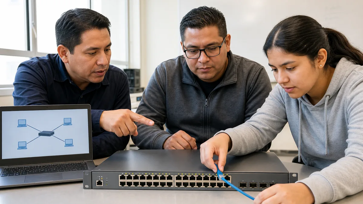 Estudiante conecta un cable a un switch gestionable de rack mientras dos instructores revisan sus puertos y topología.