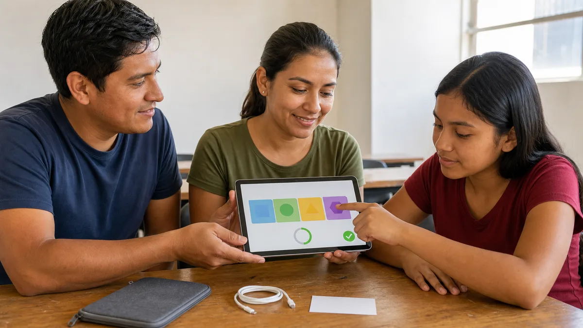 Donante e instructora sostienen una tablet funcional mientras una estudiante prueba una actividad educativa.