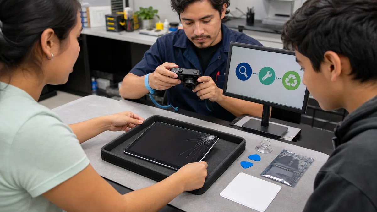 Técnico documenta una tablet con vidrio agrietado mientras donante y estudiante revisan opciones de reparación o reciclaje.