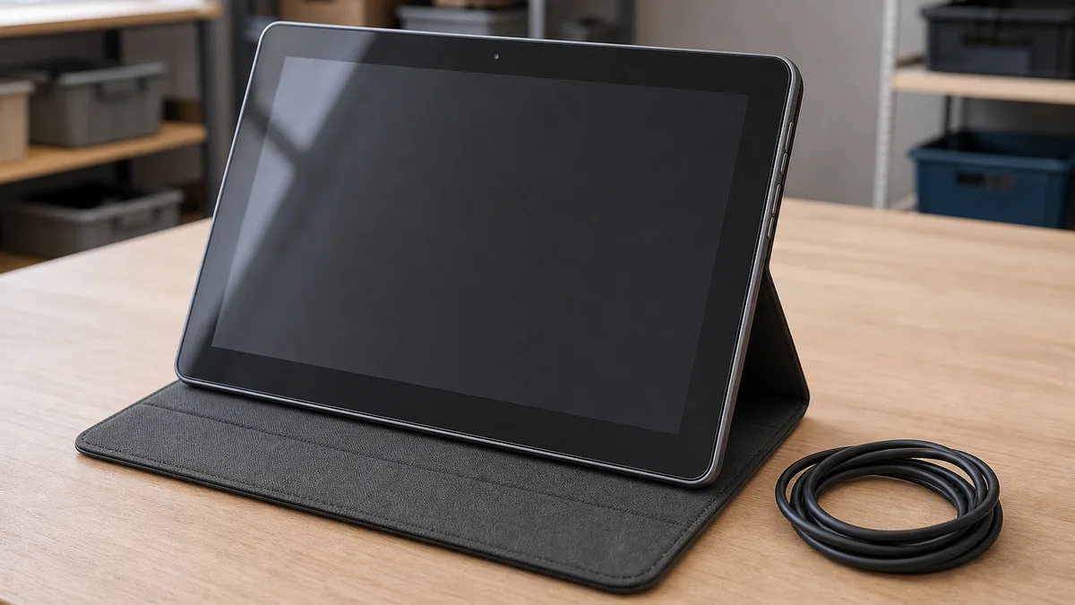 Tablet usada con pantalla apagada, funda protectora abierta y cable de carga sobre una mesa.