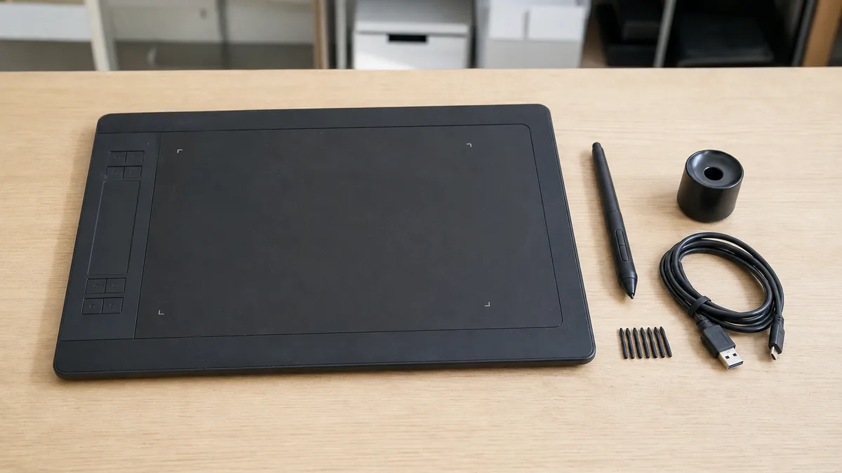 Tableta digitalizadora negra con lápiz, soporte, puntas de repuesto y cable USB sobre una mesa.