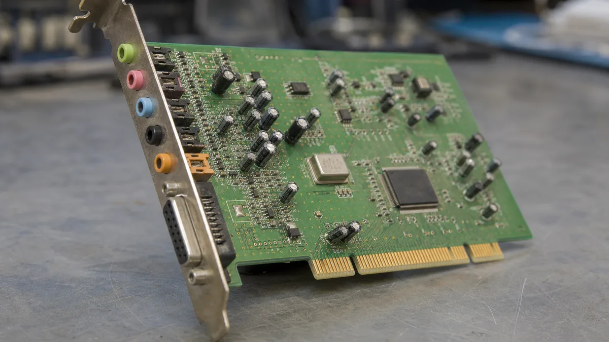 Tarjeta de sonido PCI usada con sus conectores de audio sobre una mesa de inspección.