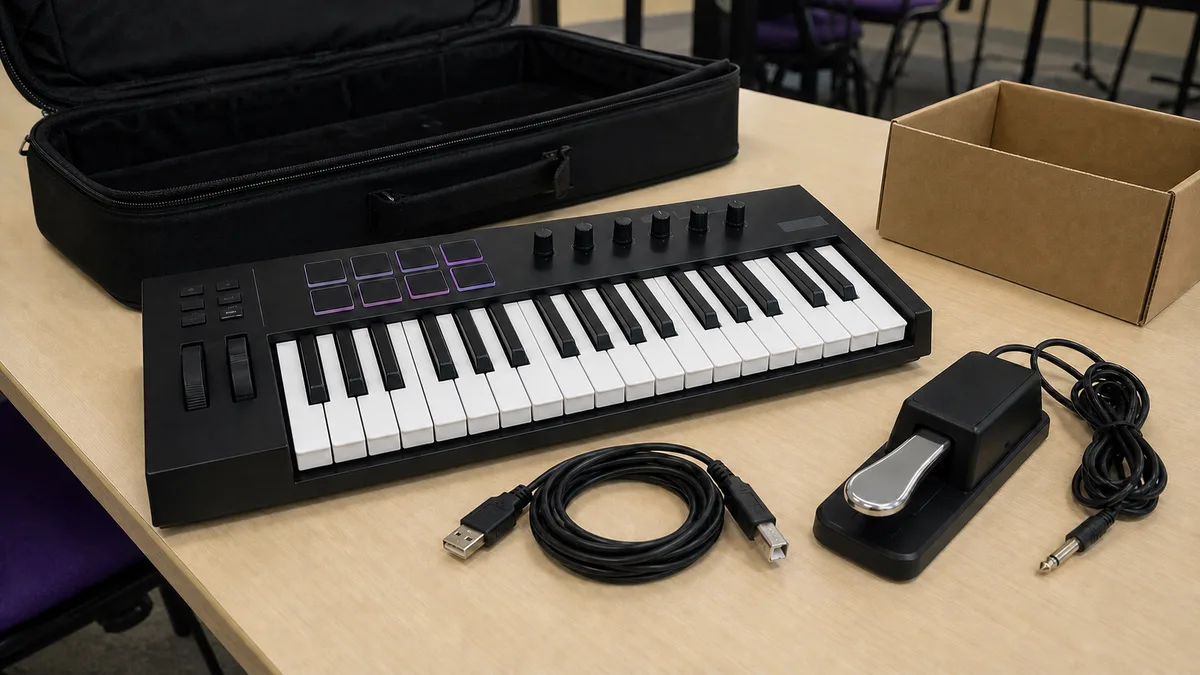 Controlador MIDI compacto con cable USB-A a USB-B, pedal de sustain y estuche preparado para donación.