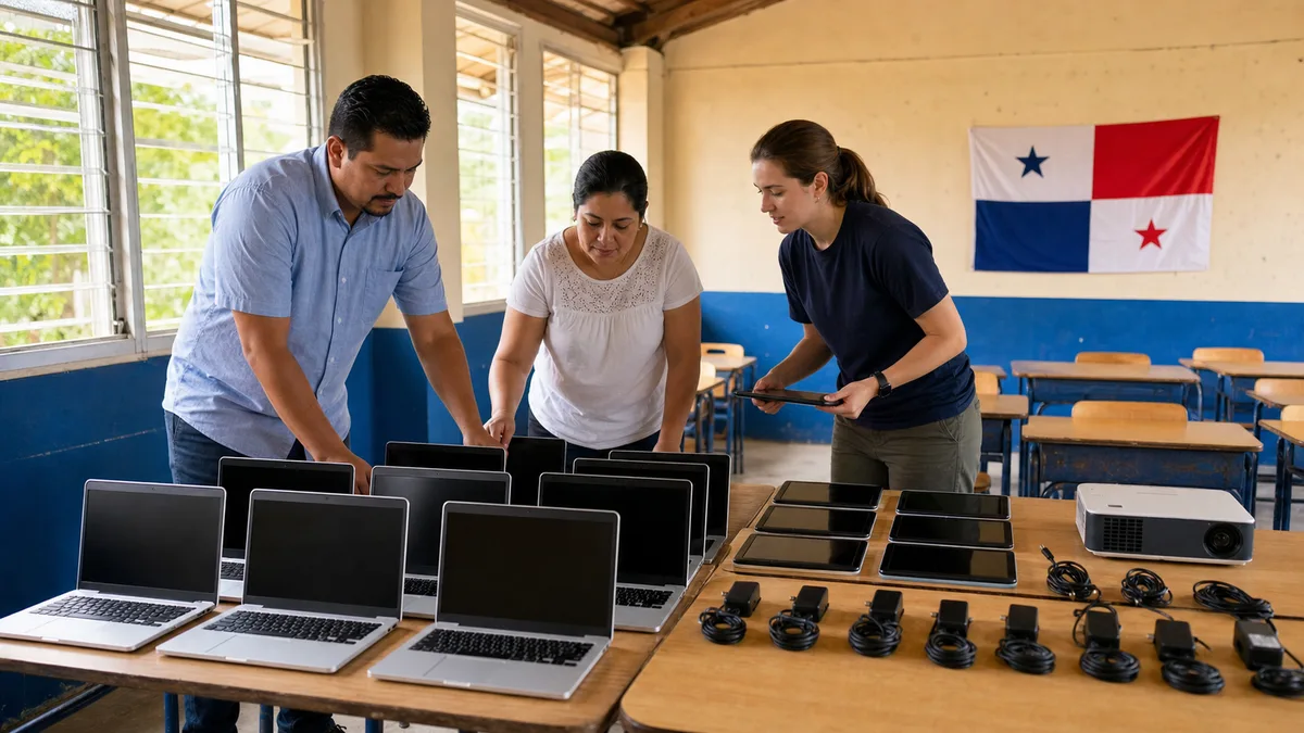 Docentes y voluntaria organizan portátiles, tabletas, proyector y cargadores para una escuela pública panameña.