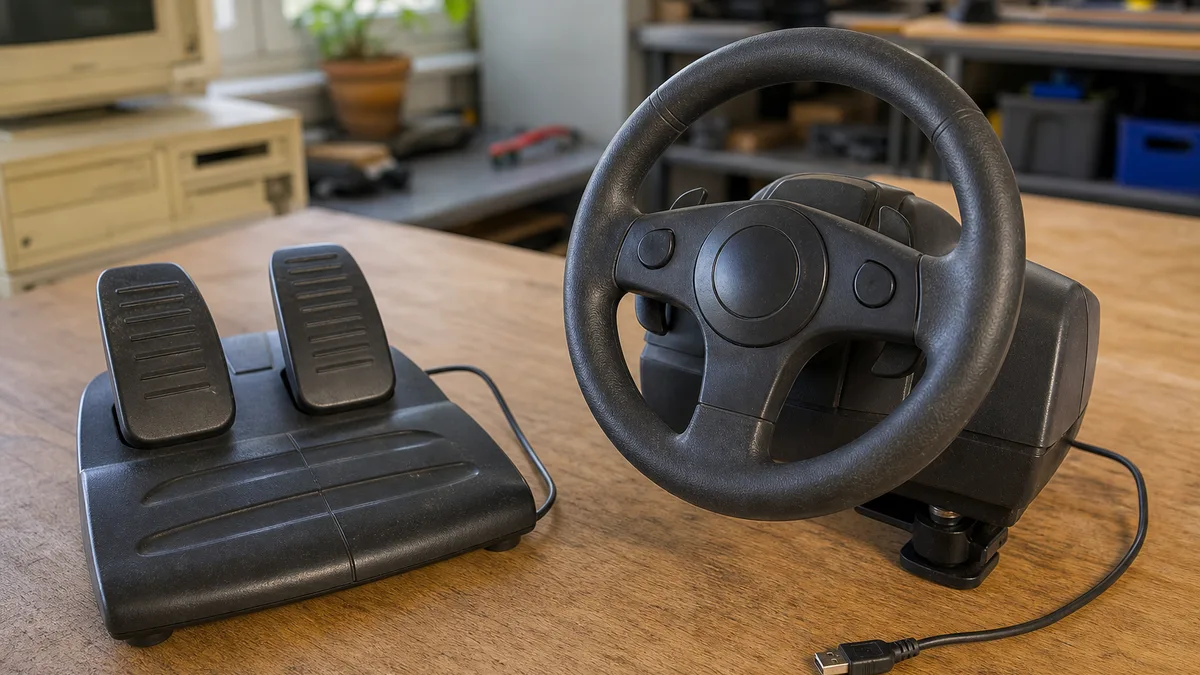 Volante de carreras antiguo para PC con base, dos pedales y cable sobre una mesa de taller.