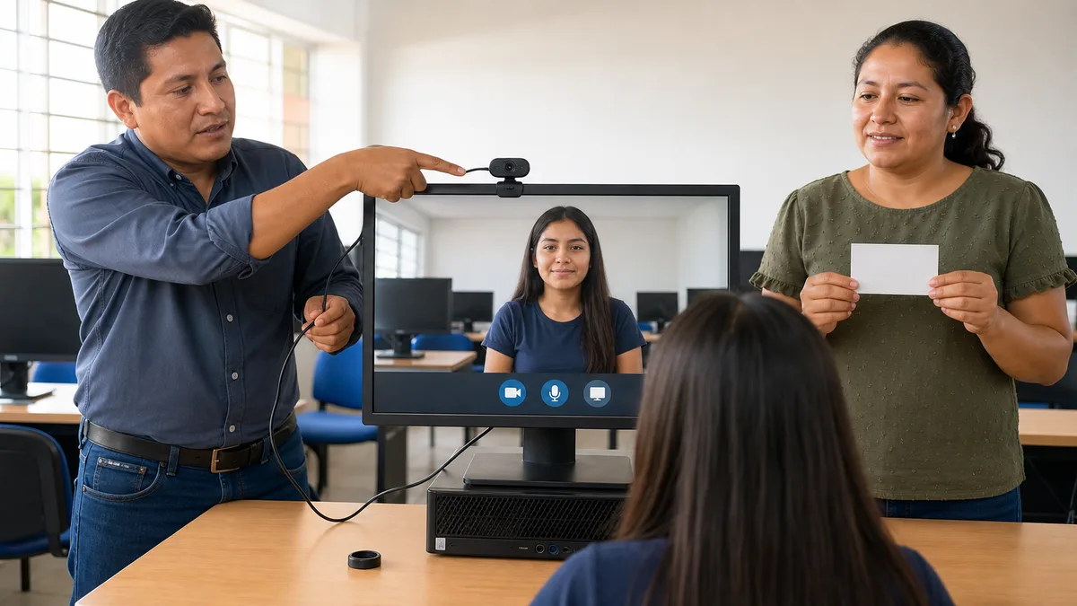 Técnico señala una webcam USB montada en un monitor mientras una estudiante comprueba video y micrófono.