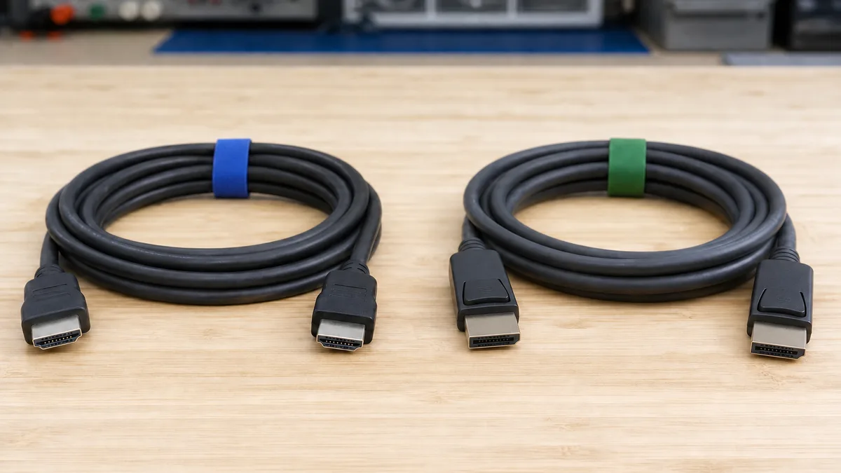 Cable HDMI y cable DisplayPort enrollados por separado con sus cuatro conectores visibles.