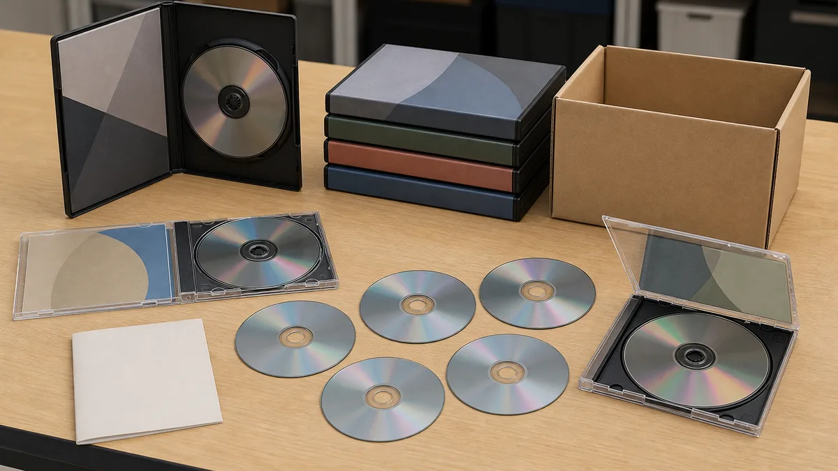 Estuches y discos de juegos antiguos para PC organizados junto a una caja de donación.