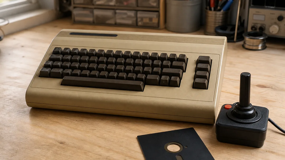Computadora Commodore 64 con joystick y disquete de 5,25 pulgadas preparada para donación educativa.
