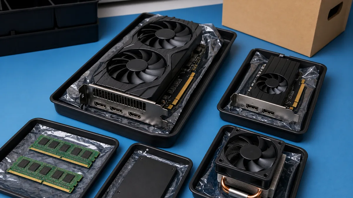 Tarjetas gráficas PCIe y otros componentes de PC organizados en bandejas antiestáticas.