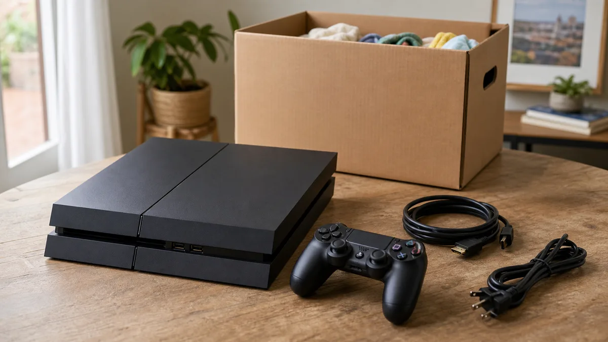 Consola PS4 negra usada con mando y cables, preparada para donación en una caja reutilizable.