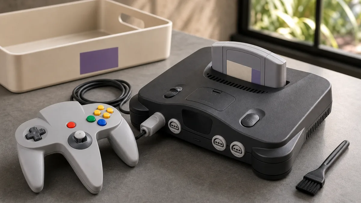 Consola Nintendo 64 con cartucho y control de tres puntas preparada para donación educativa.