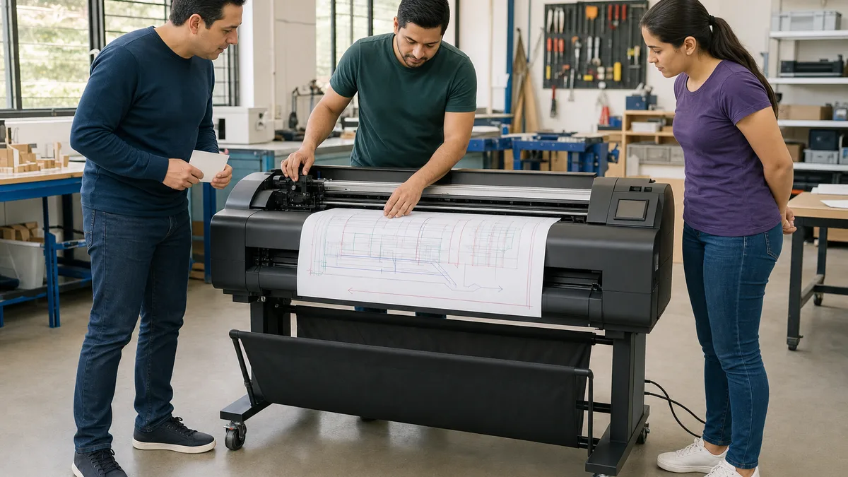 Representante, técnico y estudiante inspeccionan un plotter de gran formato mientras alinean el papel en rollo.