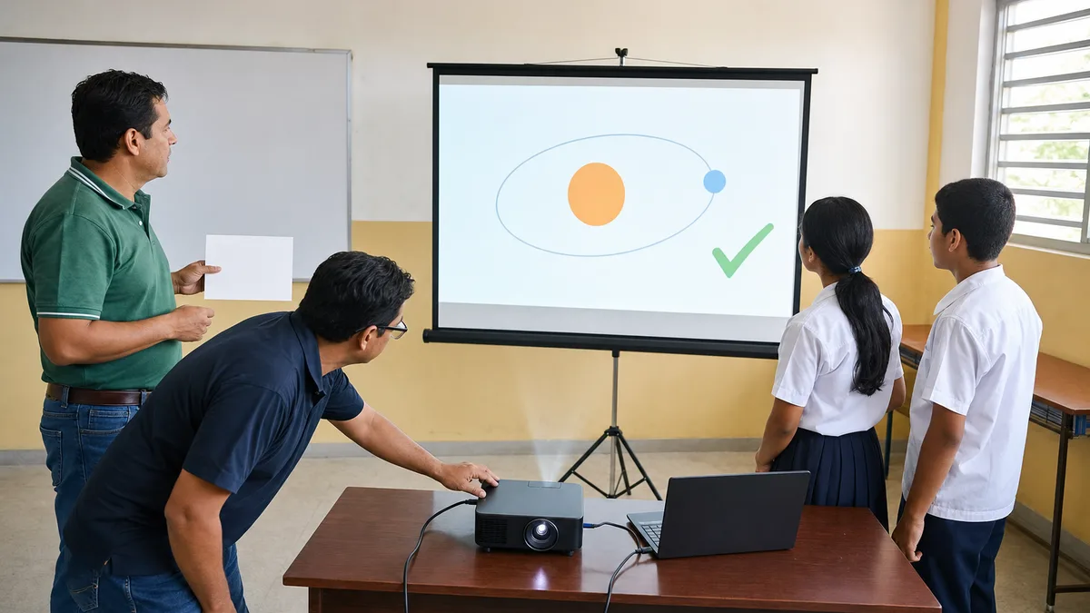 Técnico prueba un proyector conectado a una laptop sobre un ecrán de trípode ante dos estudiantes.