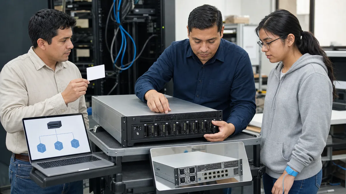 Profesionales y estudiante inspeccionan las bandejas frontales y la parte posterior de un servidor de rack usado.