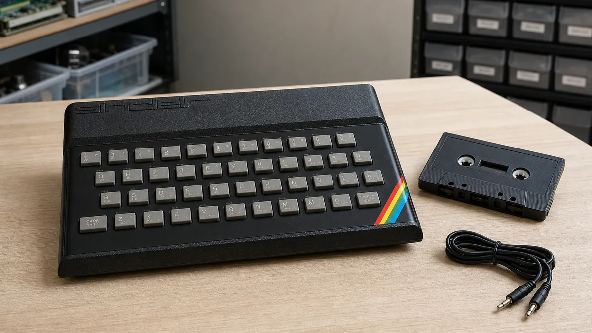 Computadora ZX Spectrum 48K con teclado de goma, casete y cables de datos.