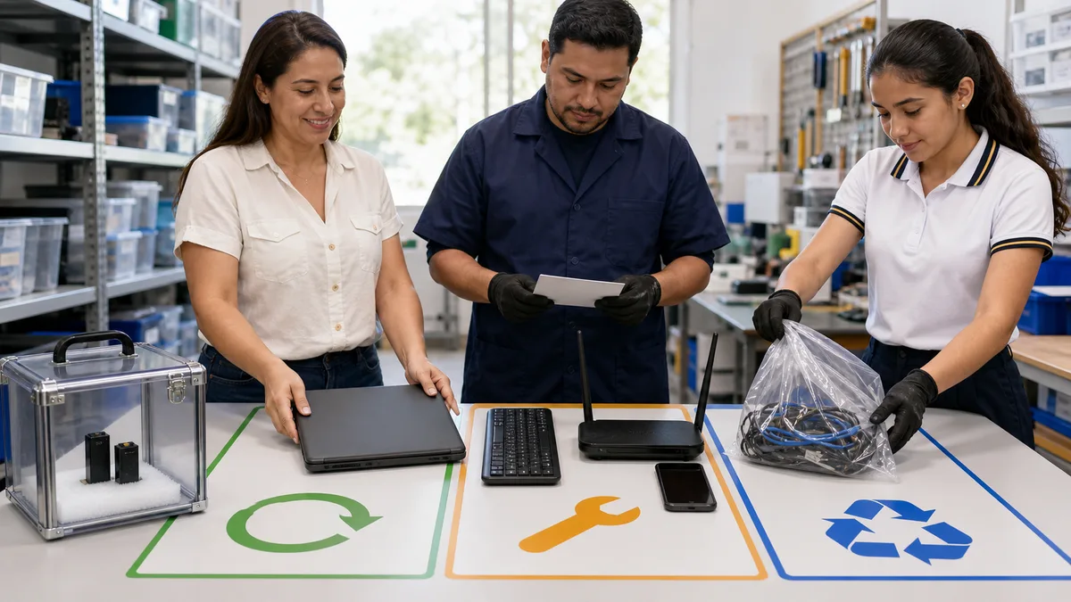 Donante, técnico y estudiante clasifican electrónicos entre reutilización, reparación y reciclaje responsable.