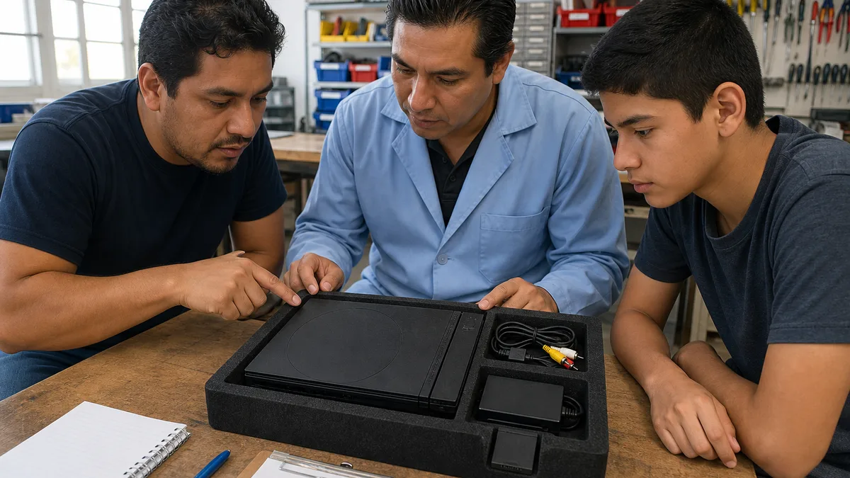 Donante, técnico y estudiante inspeccionan una consola PlayStation 2 Slim con sus cables y tarjeta de memoria.