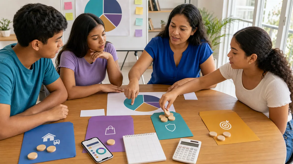 Facilitadora y jóvenes distribuyen recursos entre gastos esenciales, consumo, ahorro de emergencia y metas.