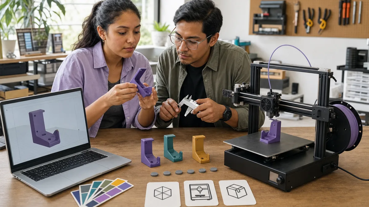 Emprendedora revisa diseño, material, costos y piezas terminadas junto a una impresora 3D FDM.