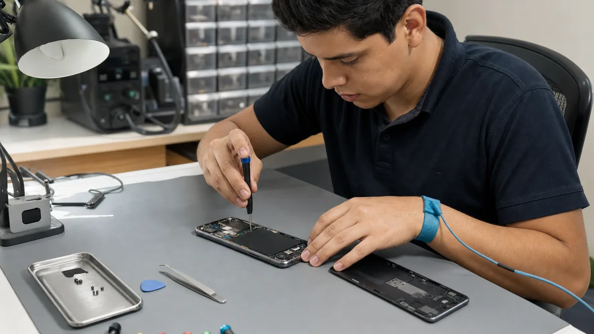 Técnico emprendedor inspeccionando un smartphone abierto con herramientas de precisión en un taller.