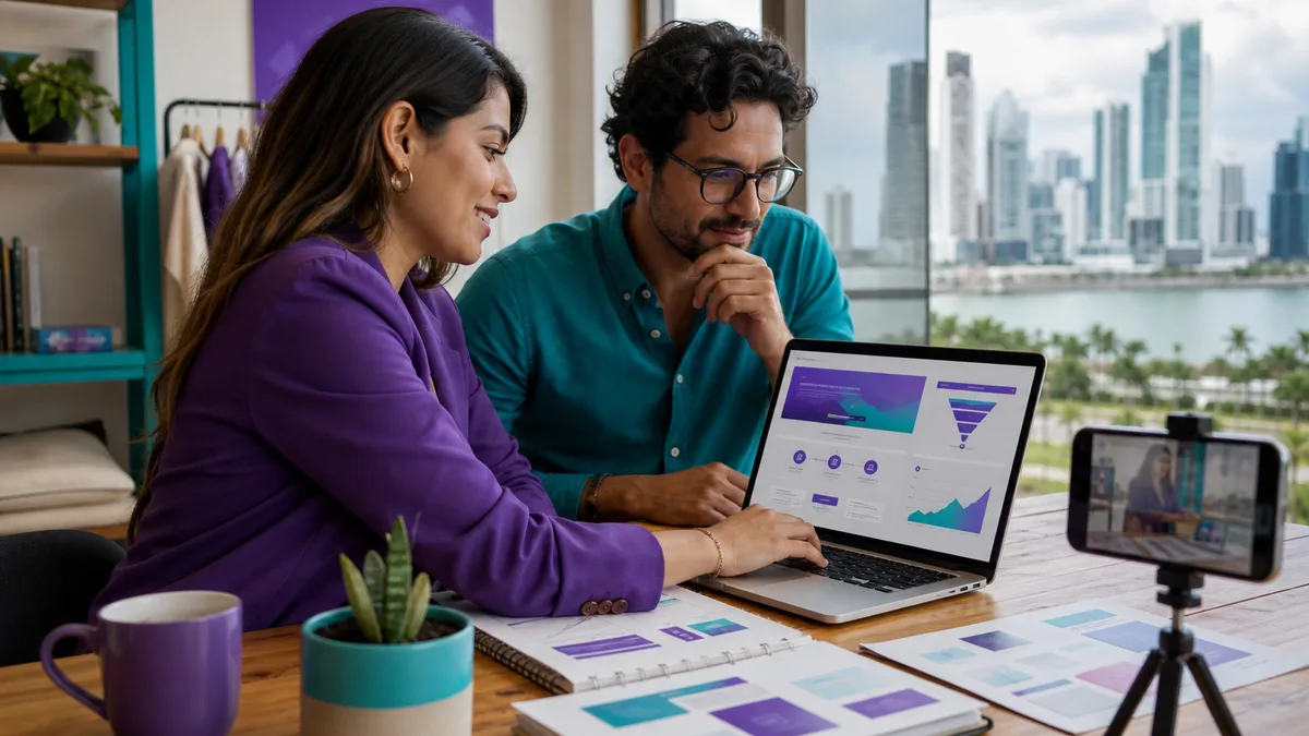 Emprendedora valida una oferta digital y revisa el flujo de clientes con un mentor en Panamá.