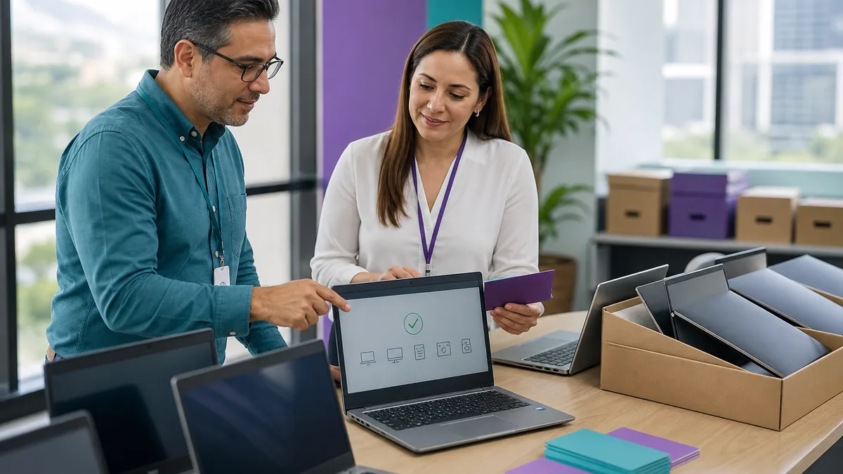 Responsable de TI y representante educativo verifican laptops empresariales antes de una donación responsable.