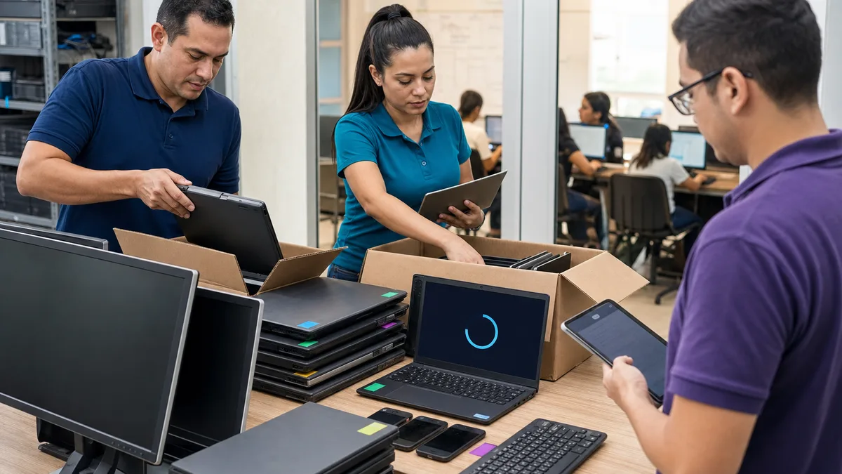 Equipo inventaría laptops, monitores y teléfonos usados mientras prepara cajas y ejecuta un borrado seguro para una donación tecnológica.
