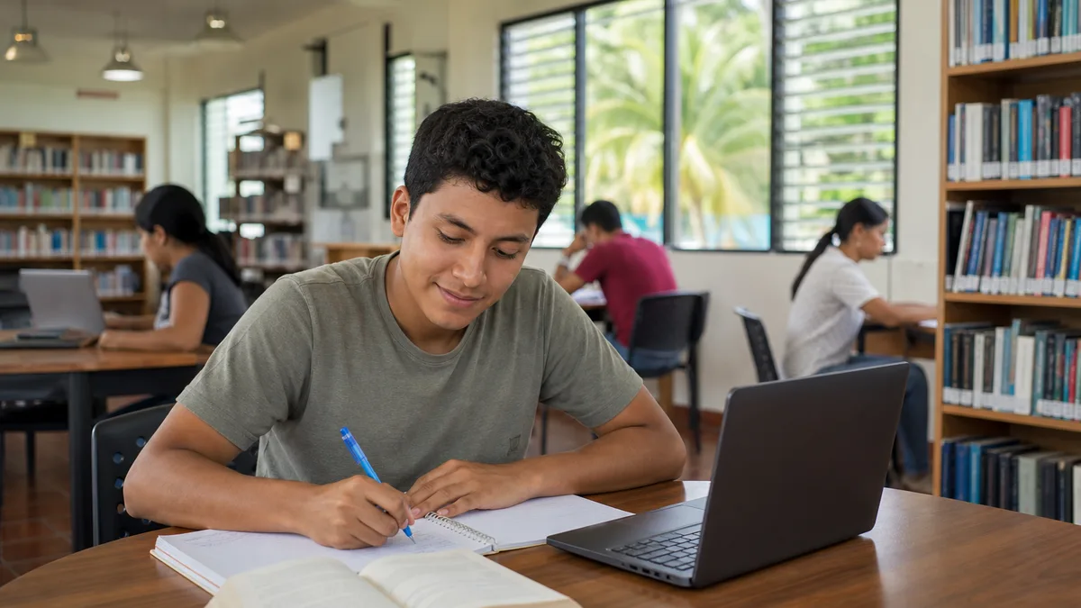 Joven adulto estudia con laptop, libro y cuaderno en una biblioteca comunitaria de Panamá.